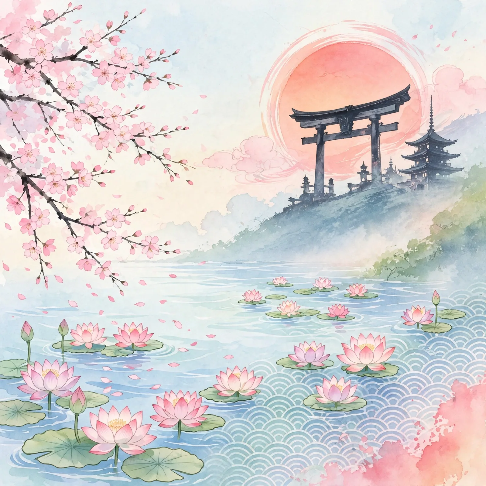 Cerezos y paisaje japonés pintados en acuarela
